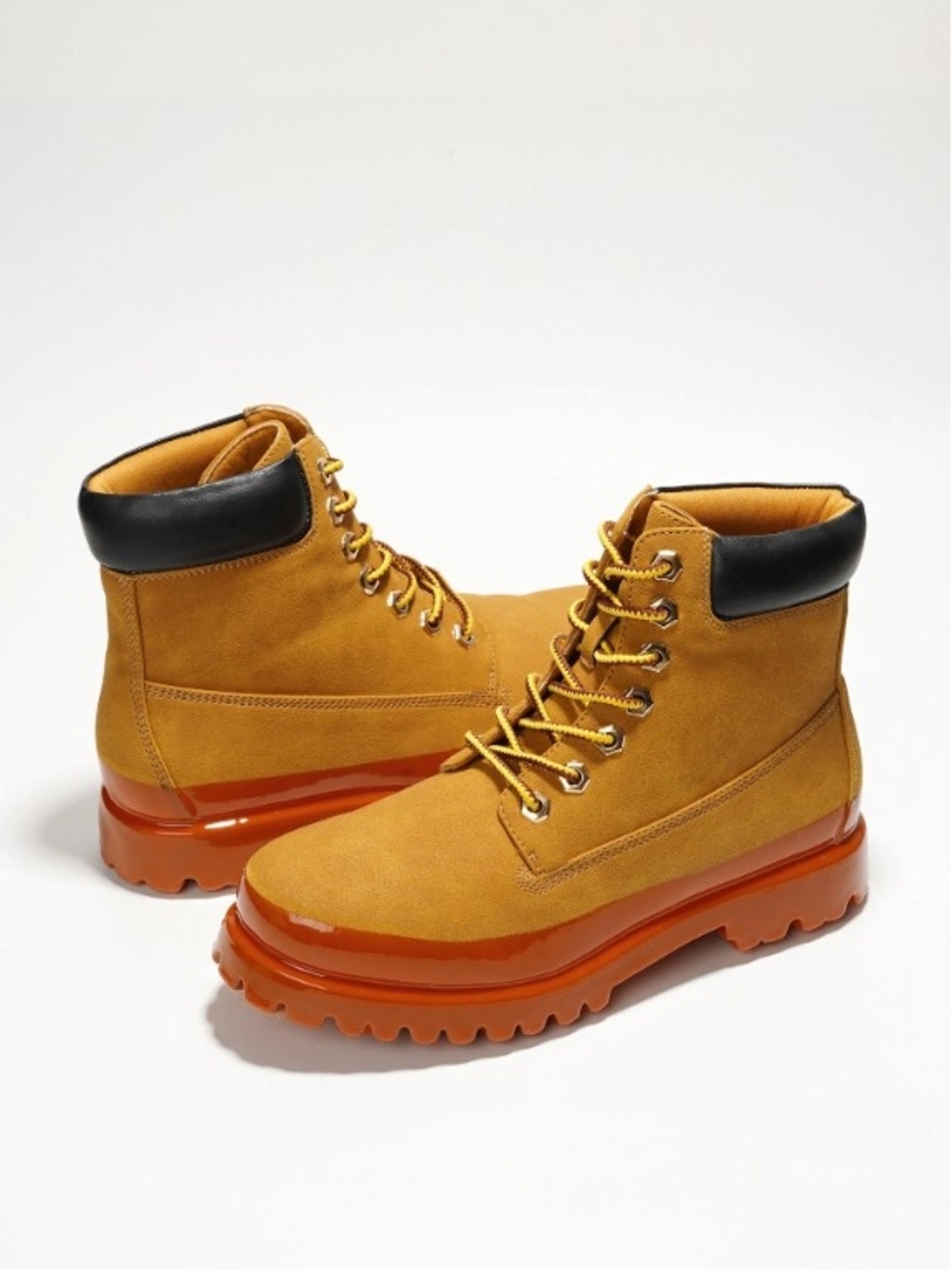 Cape Robbin Tan Suede Platform Boots with Orange Lug Sole and Black Collar